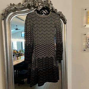 M Missoni Metallic Gold Wave Knit Long Sleeve Flare Dress